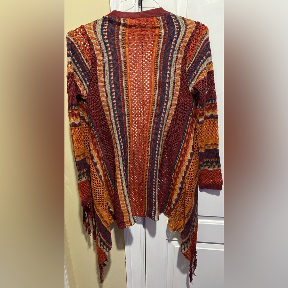 Burgundy and Orange Multicolor Fringe Poncho -Medium - Picture 3 of 3